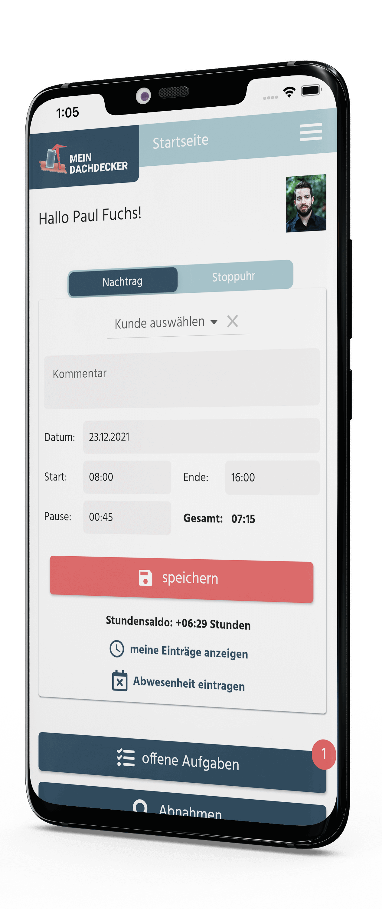 MeinDachdecker-App Zeiterfassung